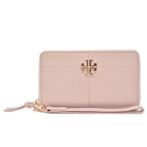 Tory Burch Ivy Leather Wristlet in Light Oak